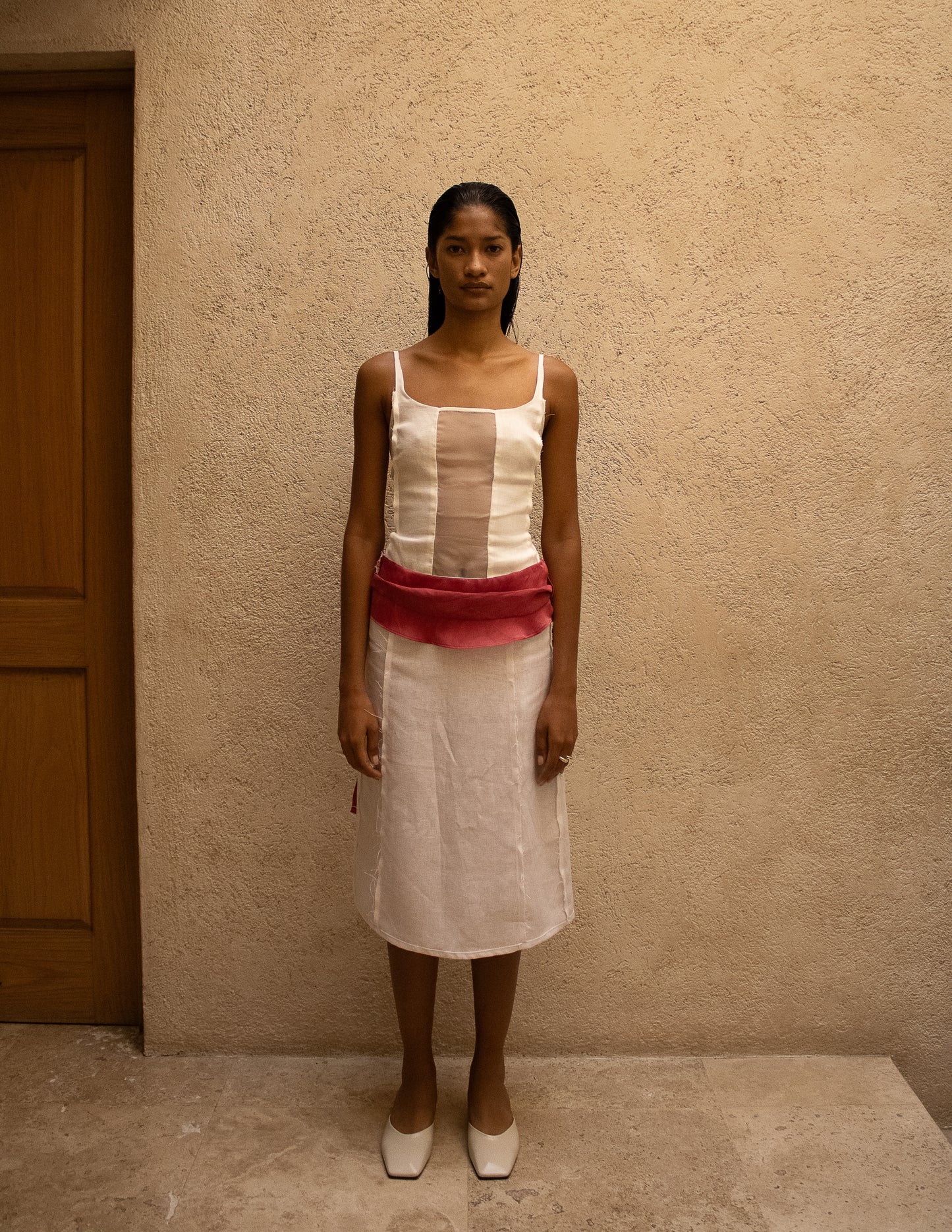 Jupe midi en lin avec organza