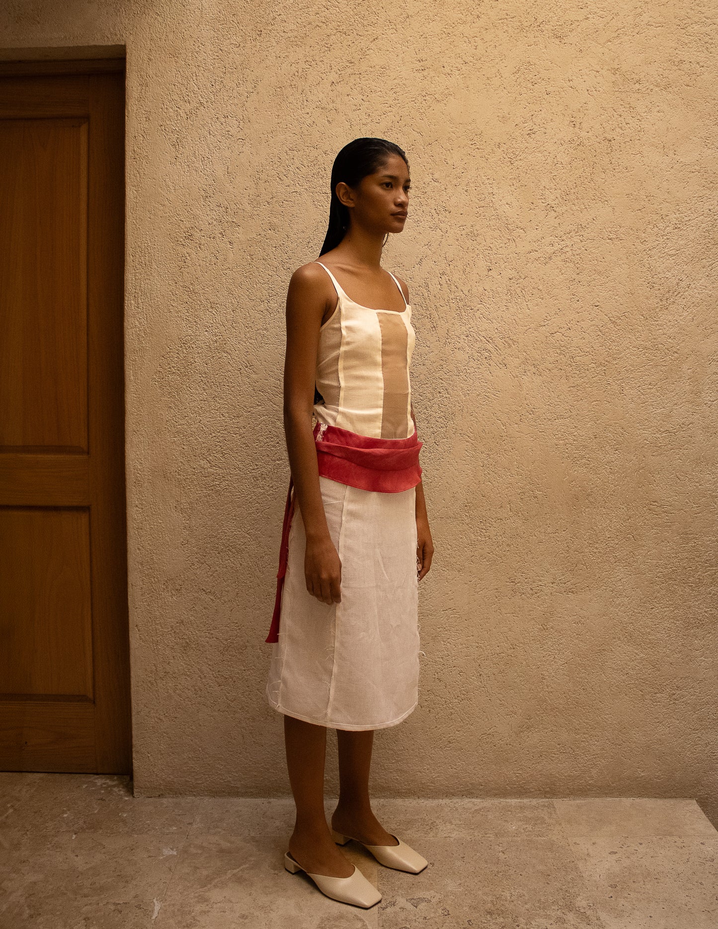 Jupe midi en lin avec organza