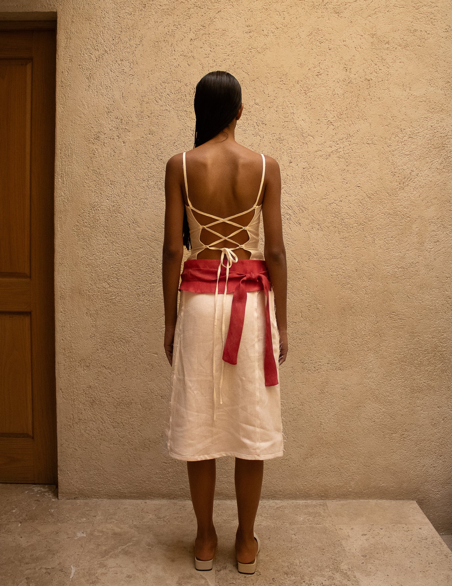 Linen Midi Skirt with Organza