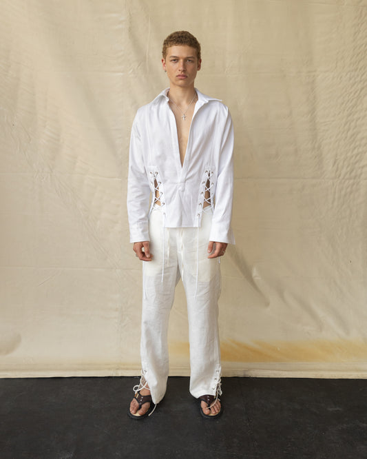 Camisa V-Neck de Gabardina con Ojillos